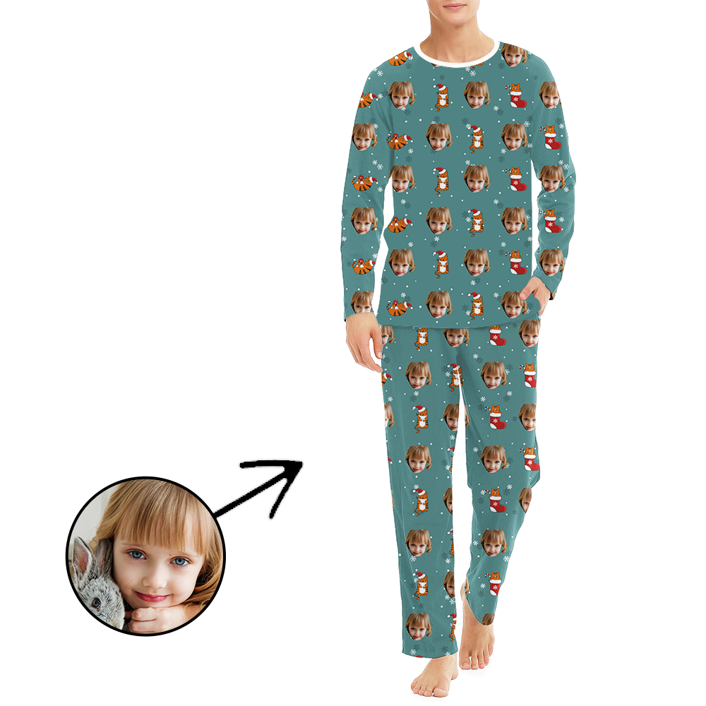Custom Men's Photo Pajamas Christmas Socks And Cat Long Sleeve