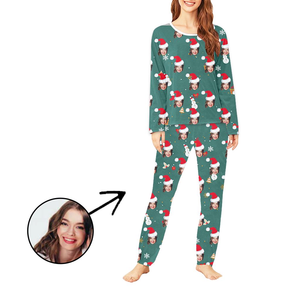 Personalised Women's Photo Pajamas Christmas Hat And Snowman Long Sleeve