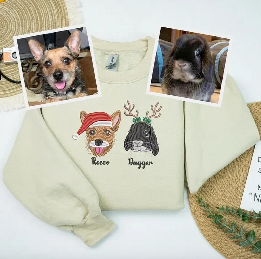 Custom Embroidered Pet Sweatshirt, Pet Face Color Portrait Santa Holiday Crewneck Sweatshirt