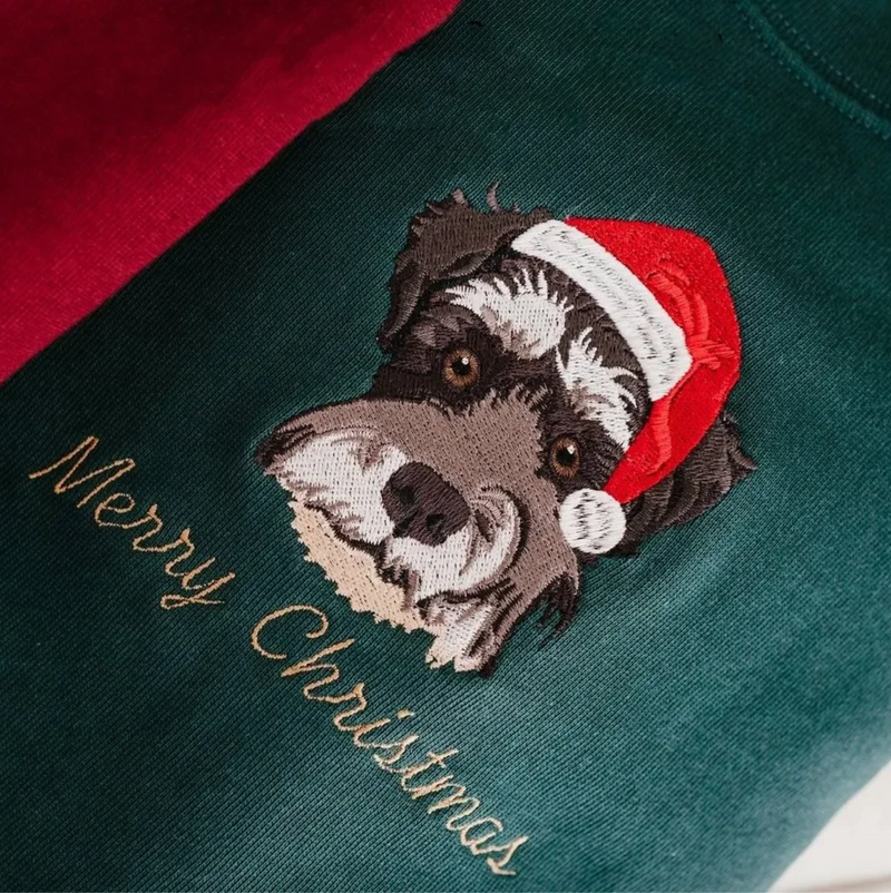 Custom Embroidered Pet Sweatshirt, Pet Face Color Portrait Santa Holiday Crewneck Sweatshirt