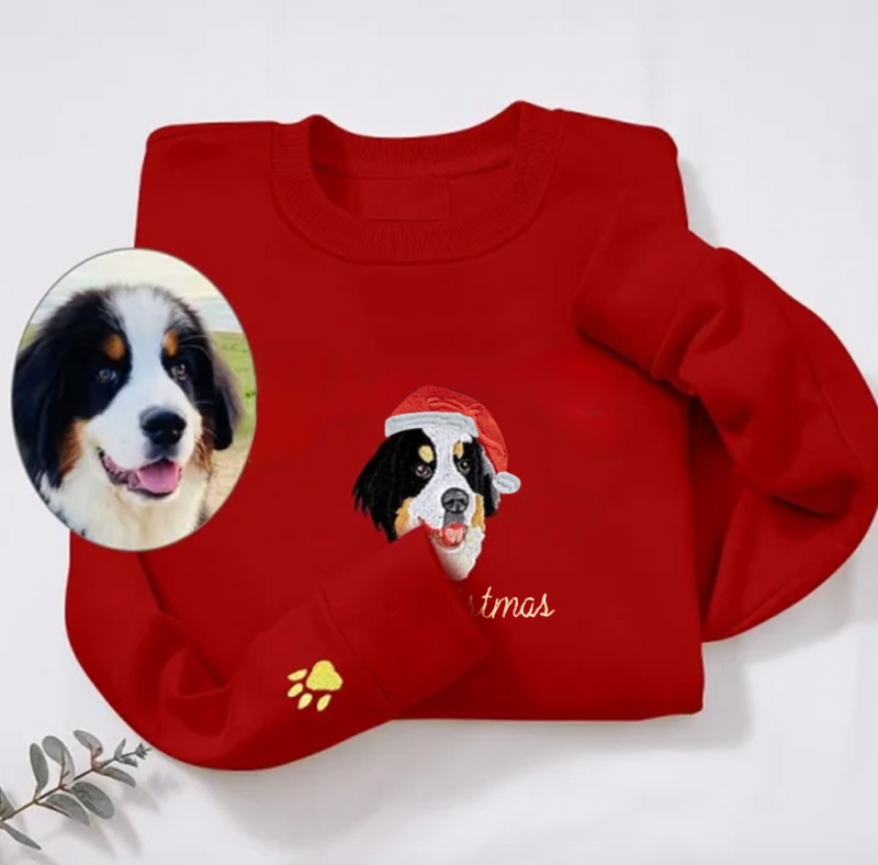 Custom Embroidered Pet Sweatshirt, Pet Face Color Portrait Santa Holiday Crewneck Sweatshirt