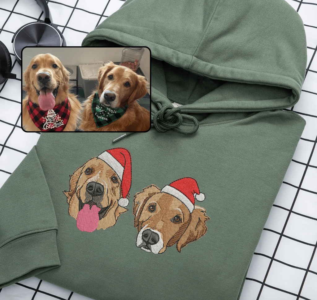 Custom Embroidered Pet Sweatshirt, Pet Face Color Portrait Santa Holiday Crewneck Sweatshirt