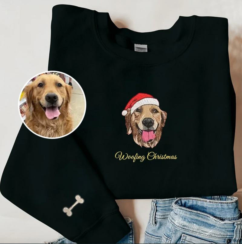 Custom Embroidered Pet Sweatshirt, Pet Face Color Portrait Santa Holiday Crewneck Sweatshirt