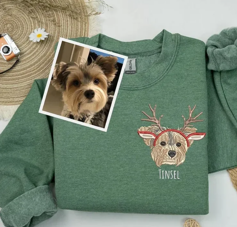 Custom Embroidered Pet Sweatshirt, Pet Face Color Portrait Santa Holiday Crewneck Sweatshirt