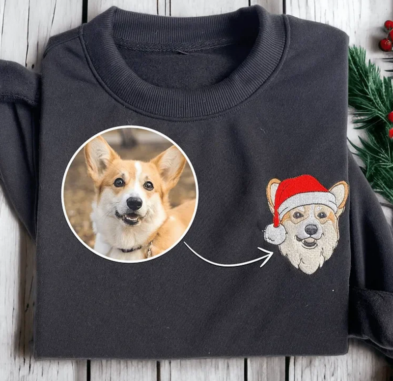 Custom Embroidered Pet Sweatshirt, Pet Face Color Portrait Santa Holiday Crewneck Sweatshirt