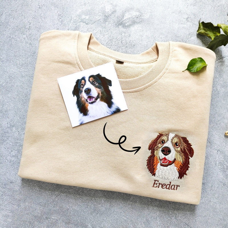 Sweatshirt with custom pet face and pet name. Custom embroidered