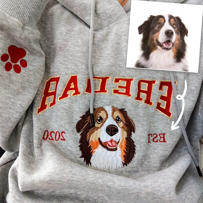 Custom Embroidered Custom Dog Hoodie, Embroidered Dog Name, Personalized Pet Face Sweatshirt from Your Photo, Varsity Style Hoodie, Gifts for Dog Lovers