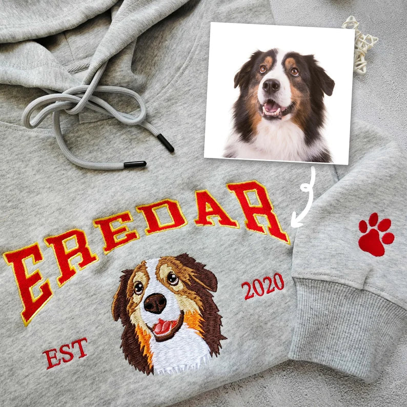 Custom Embroidered Custom Dog Hoodie, Embroidered Dog Name, Personalized Pet Face Sweatshirt from Your Photo, Varsity Style Hoodie, Gifts for Dog Lovers