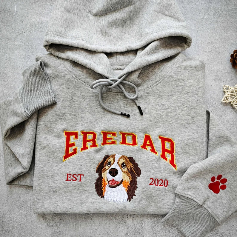 Custom Embroidered Custom Dog Hoodie, Embroidered Dog Name, Personalized Pet Face Sweatshirt from Your Photo, Varsity Style Hoodie, Gifts for Dog Lovers