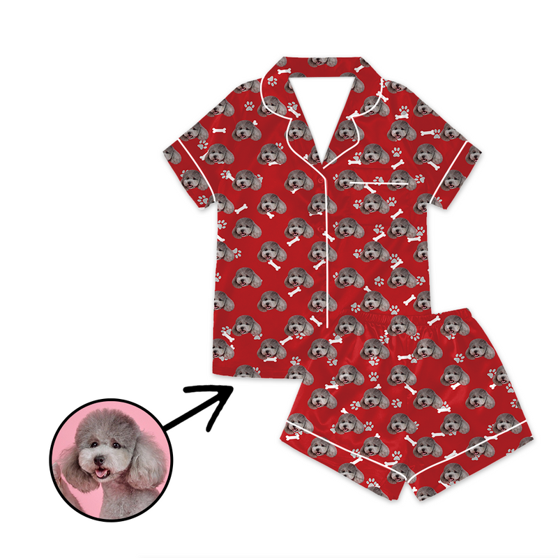 Custom Photo Satin Pajamas Dog Footprint Red For Summer