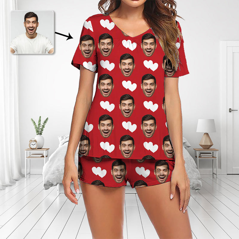 Custom Photo Pajamas Set Short Sleeve V-neck Pajama Women's Shorts Pajama Set Sleepwear Nightwear Heart My Loved's One Face