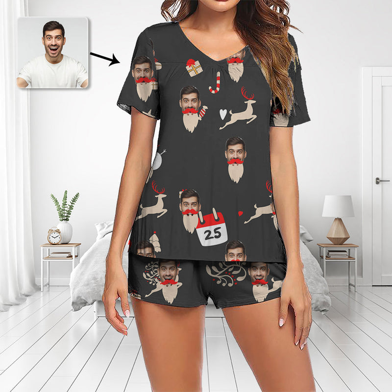 Custom Photo Pajamas Set Short Sleeve V neck Pajama Women s Shorts Pajama Set Sleepwear Nightwear Reindeer And Candy