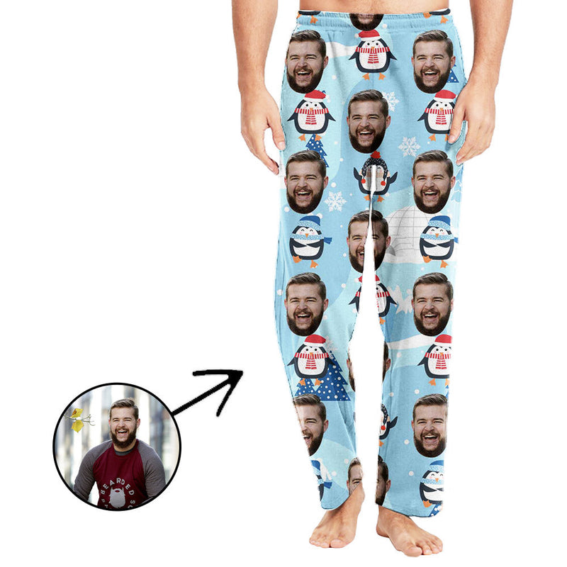 Custom Photo Pajamas Pants For Men Penguin And Snowflake