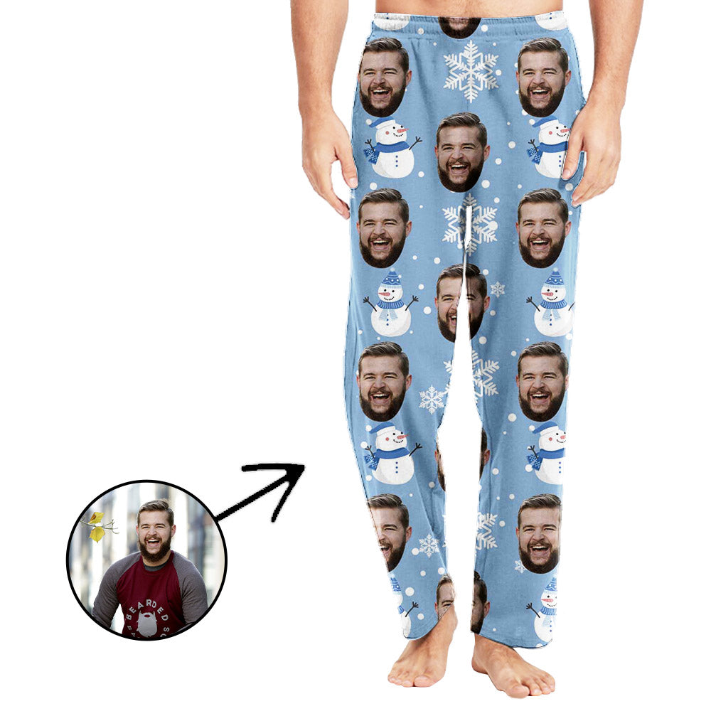 Custom Photo Pajamas Pants For Men Snowman And Snowflake