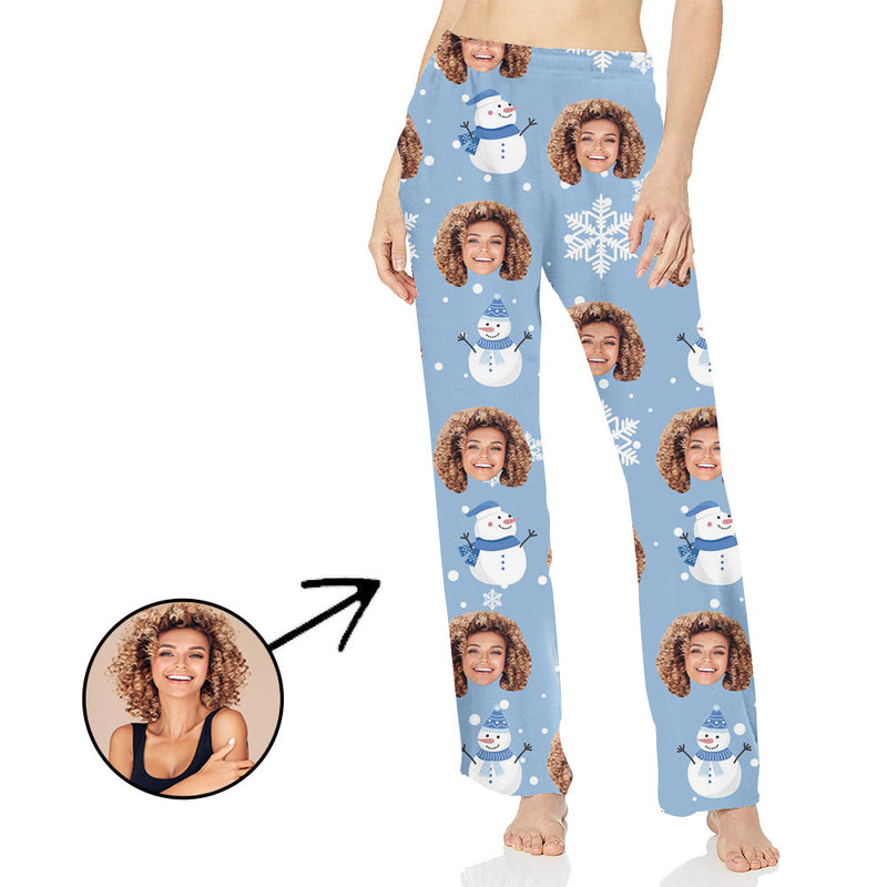 Custom Photo Pajamas Pants For Women Snowman And Snowflake