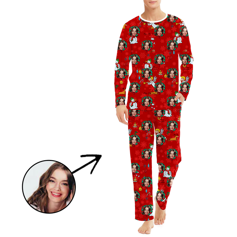 Custom Men's Photo Pajamas Christmas Snowman Long Sleeve