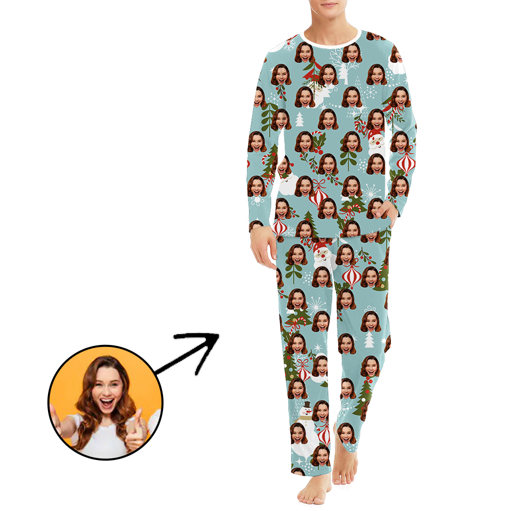 Custom Men's Photo Pajamas Christmas Tree And Rabit Long Sleeve