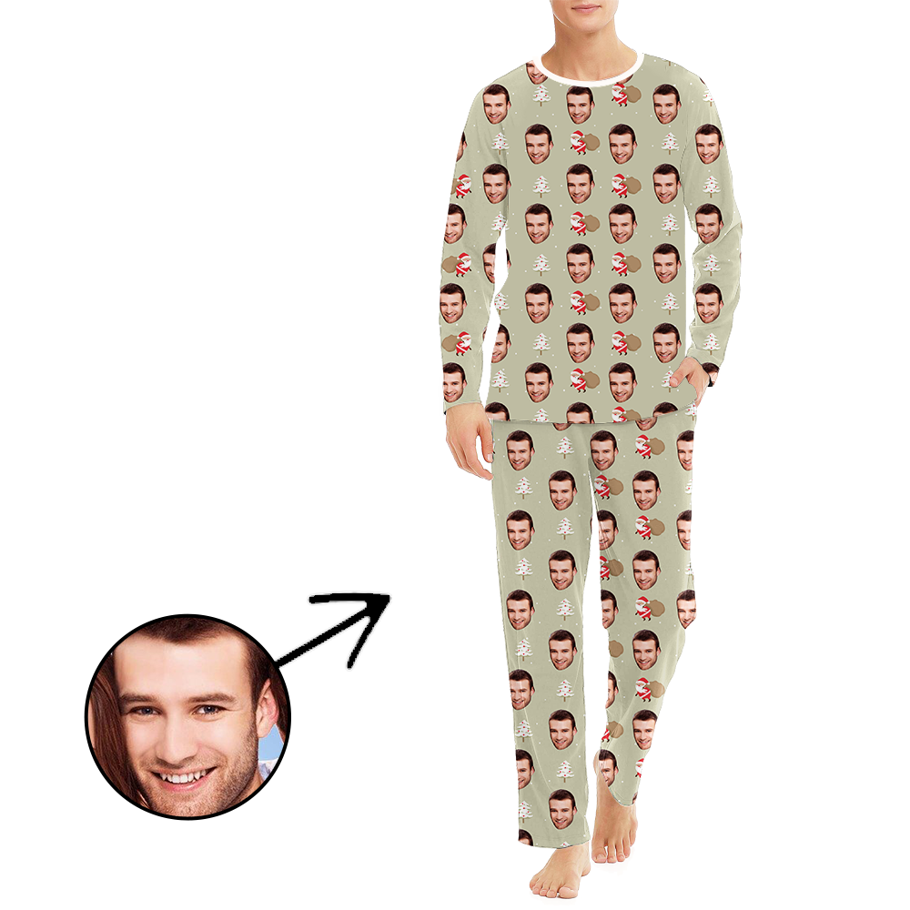 Custom Men's Photo Pajamas Christmas Tree And Santa Long Sleeve