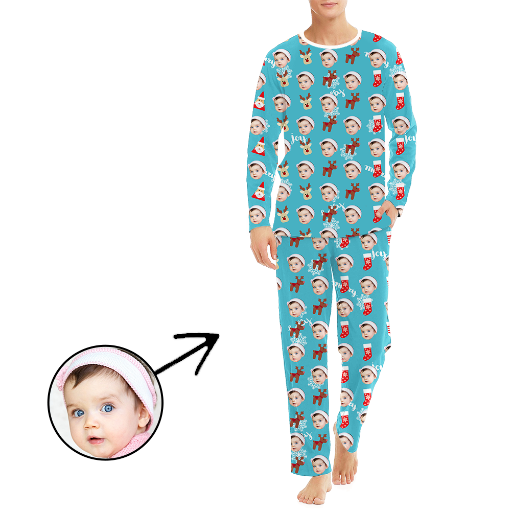 Custom Men's Photo Pajamas Christmas Socks And Gingerbread Man Long Sleeve