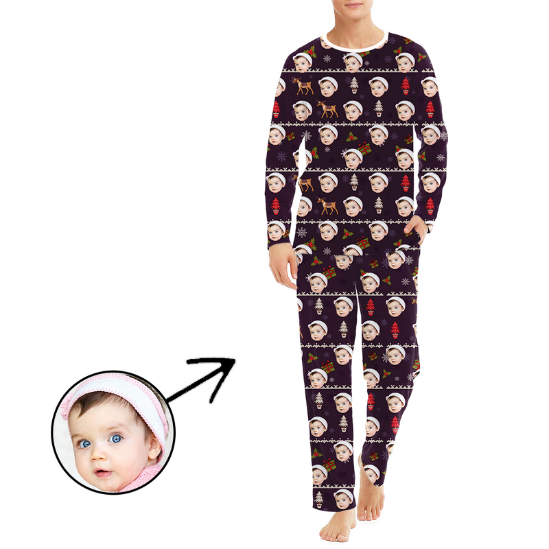 Custom Men's Photo Pajamas Christmas Reindeer And Tree Long Sleeve