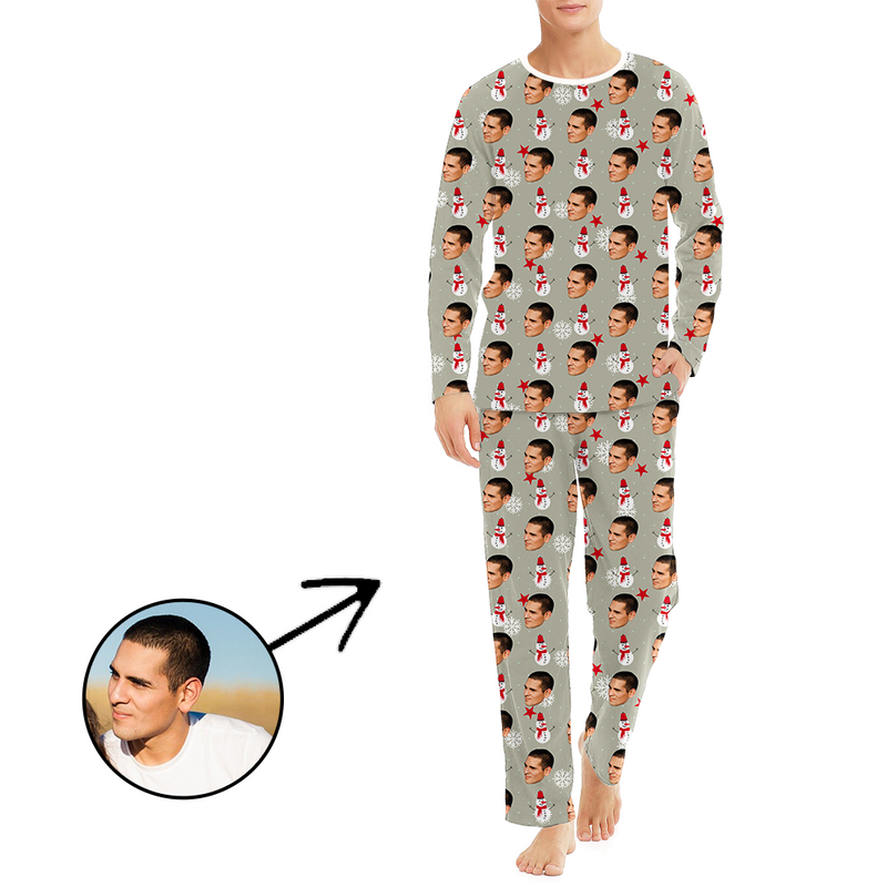 Custom Men's Photo Pajamas Snowman And Snowflake Long Sleeve