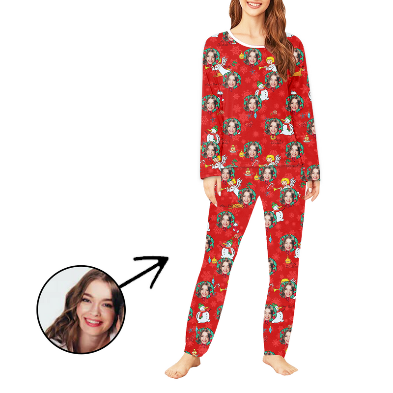 Custom Women's Photo Pajamas Christmas Snowman Long Sleeve