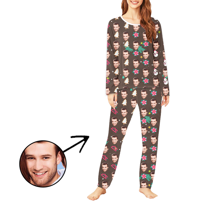 Custom Women's Photo Pajamas Christmas Tree And Flower Long Sleeve