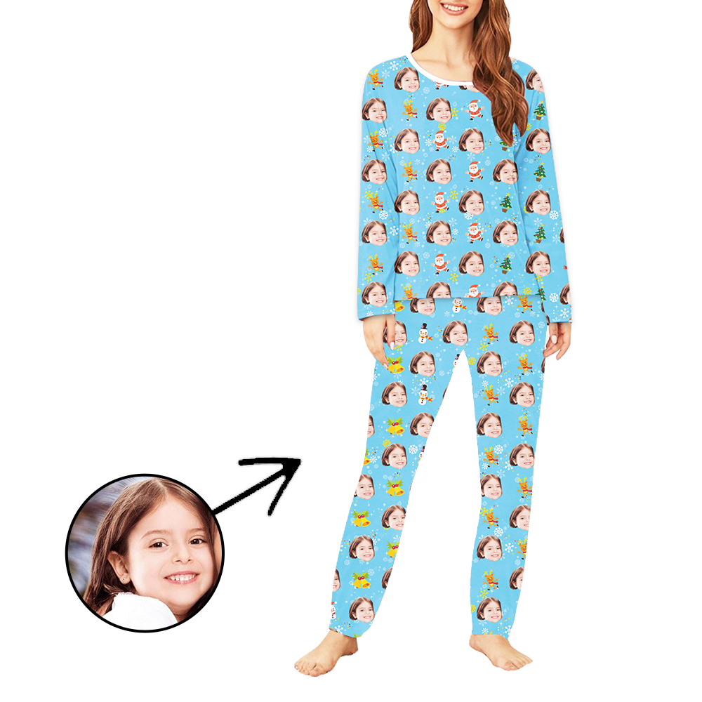 Custom Women's Photo Pajamas Snowman And Reindeer Long Sleeve