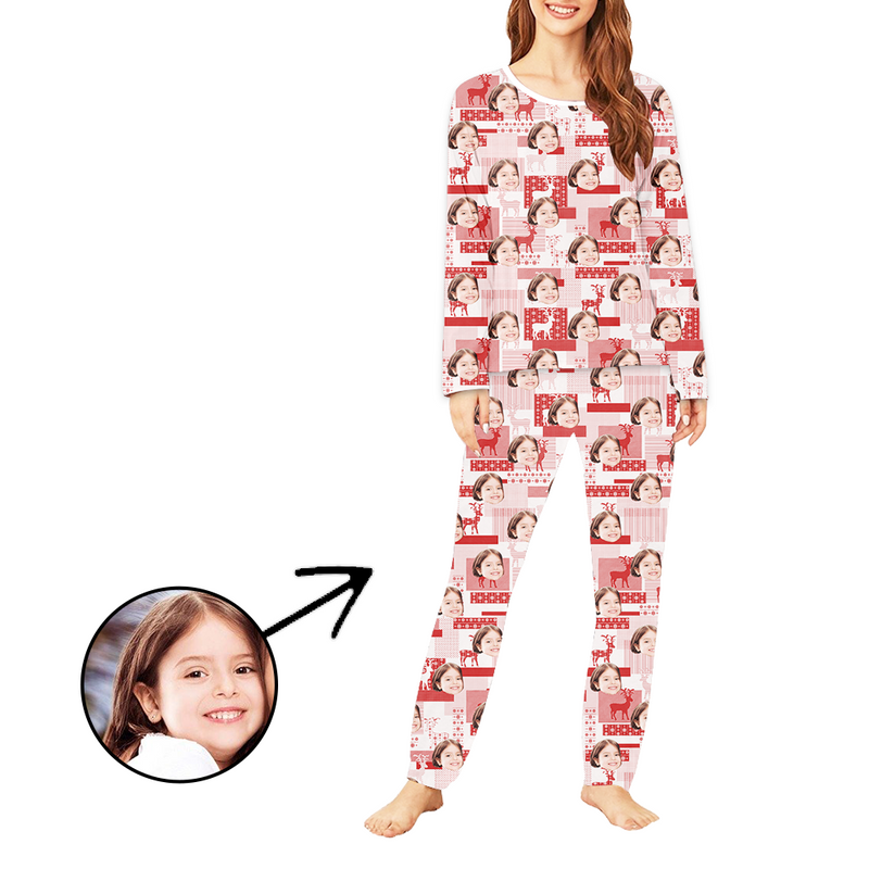 Custom Women's Photo Pajamas Reindeer Christmas Long Sleeve