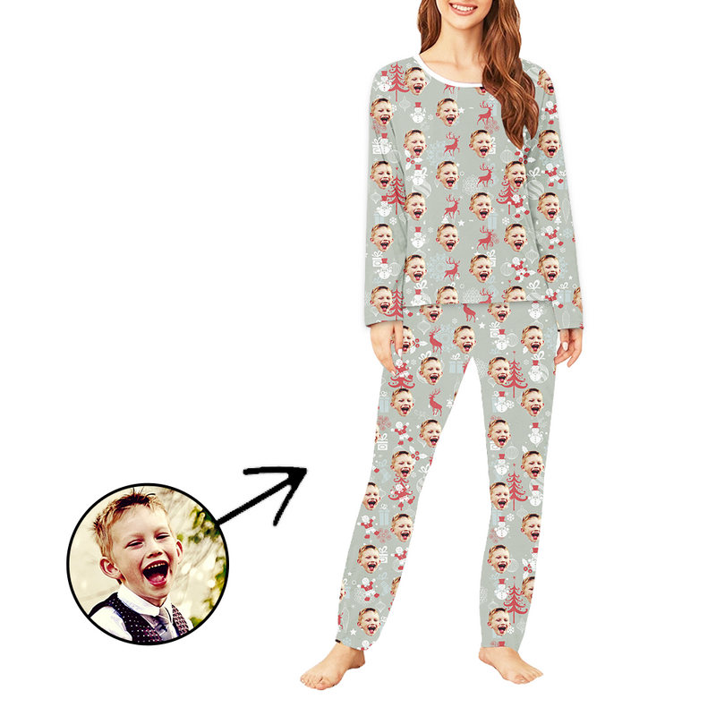 Custom Women's Photo Pajamas Reindeer And Snowman Long Sleeve