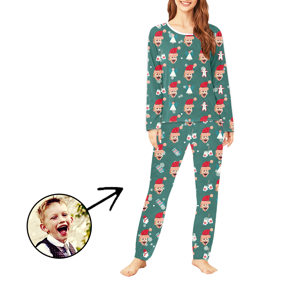 Custom Women's Photo Pajamas Christmas Hat And Snowflake Long Sleeve