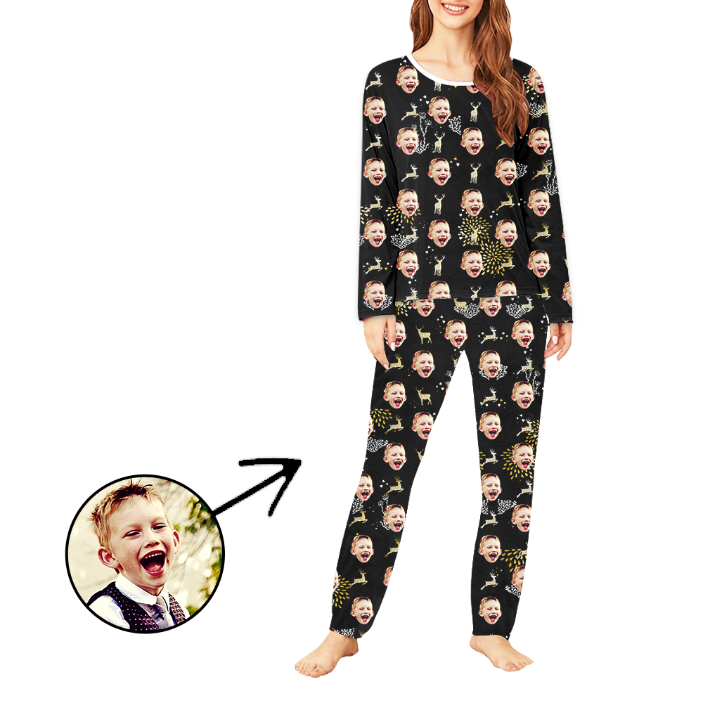 Custom Women's Photo Pajamas Reindeer And Fireworks Long Sleeve