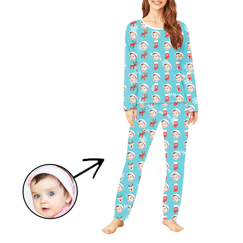 Custom Women's Photo Pajamas Christmas Socks And Gingerbread Man Long Sleeve