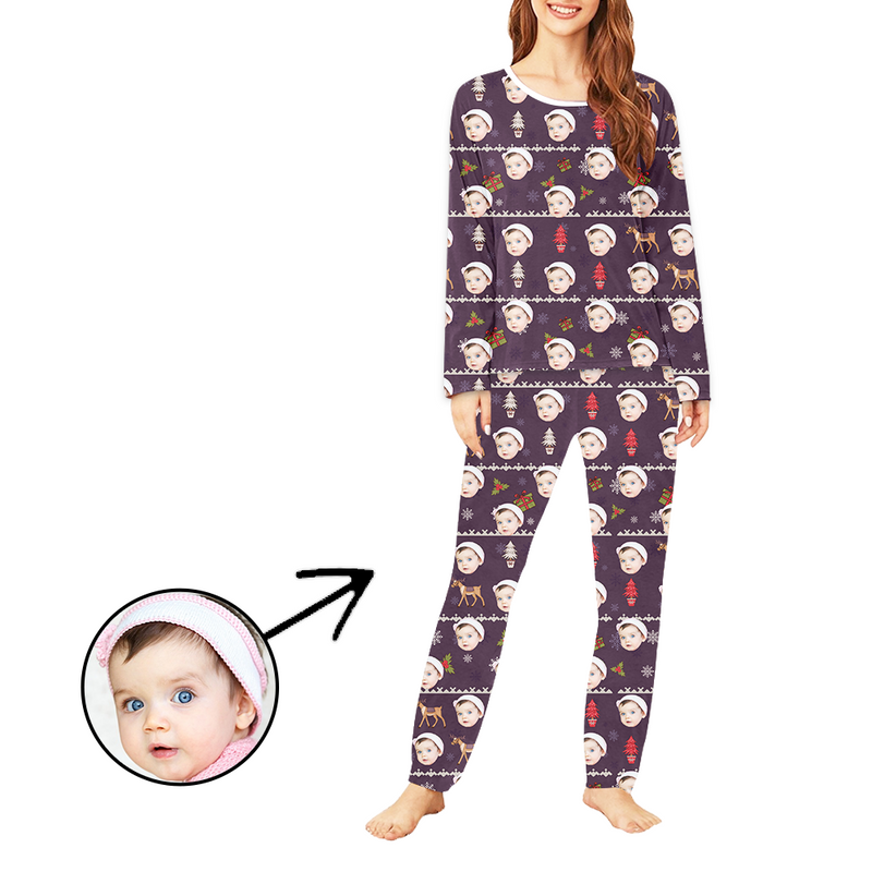 Custom Women's Photo Pajamas Christmas Reindeer And Tree Long Sleeve