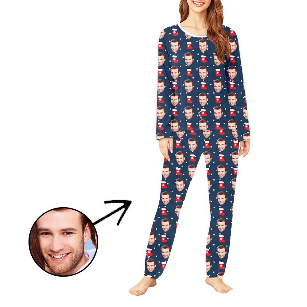 Custom Women's Photo Pajamas Christmas Socks And Stars Long Sleeve