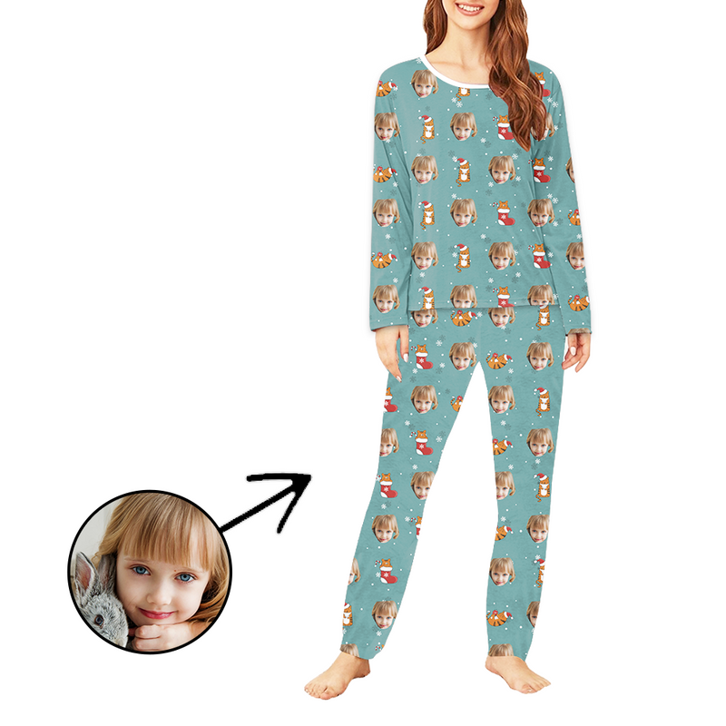 Custom Women's Photo Pajamas Christmas Socks And Cat Long Sleeve