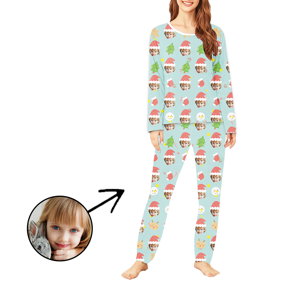 Custom Women's Photo Pajamas Christmas Hat And Lovely Snowman Long Sleeve