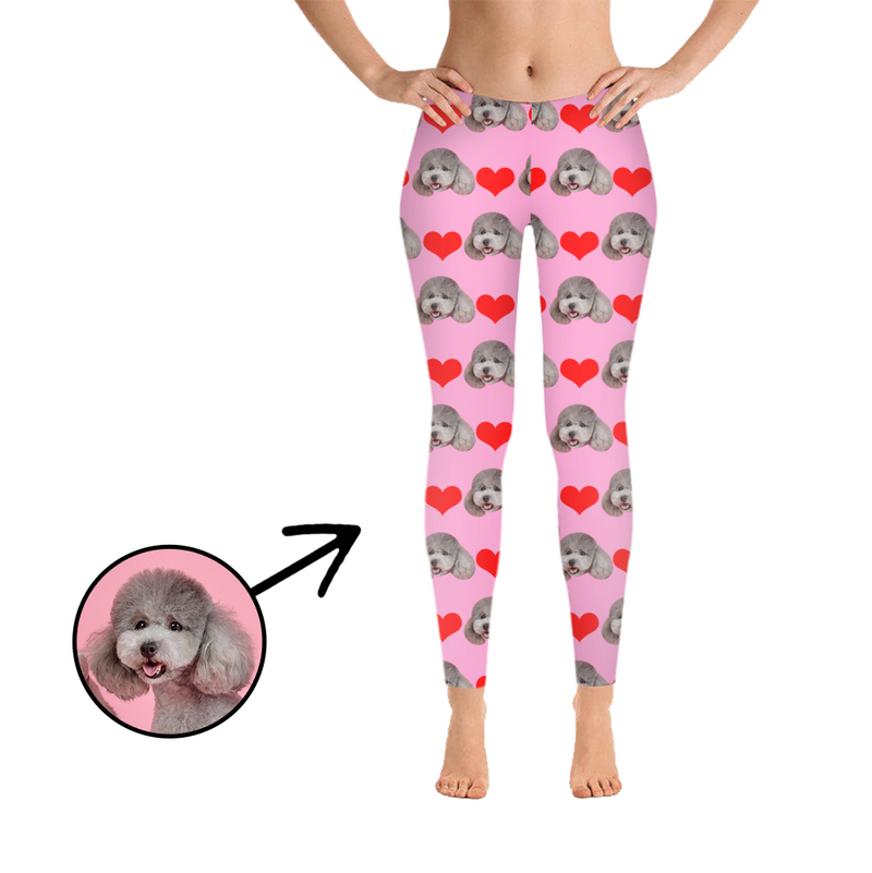 Custom Photo Leggings Heart I Love My Dog Blue