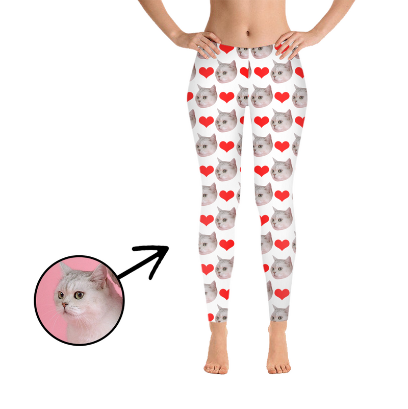 Custom Photo Leggings Heart I Love My Cat Purple