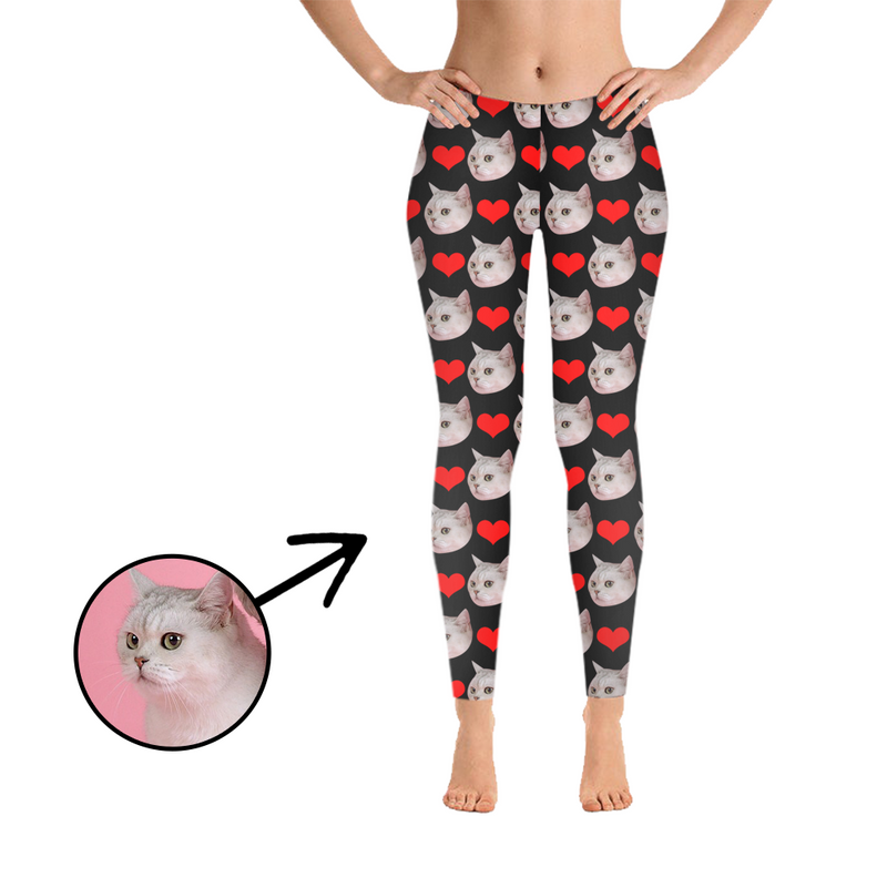 Custom Photo Leggings Heart I Love My Cat Blue