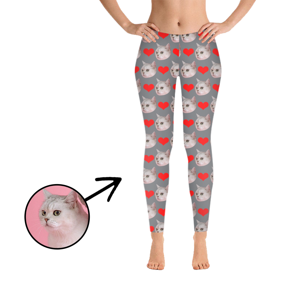 Custom Photo Leggings Heart I Love My Cat Grey