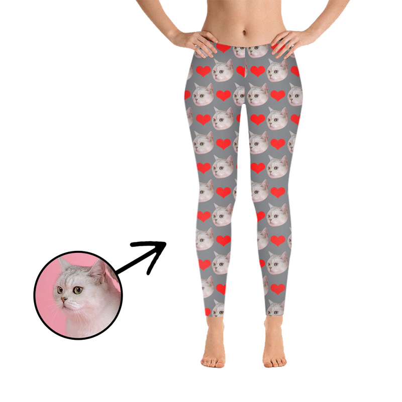 Custom Photo Leggings Heart I Love My Cat Grey