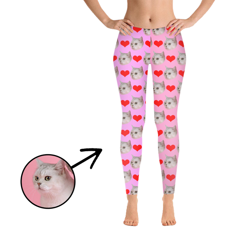 Custom Photo Leggings Heart I Love My Cat Black