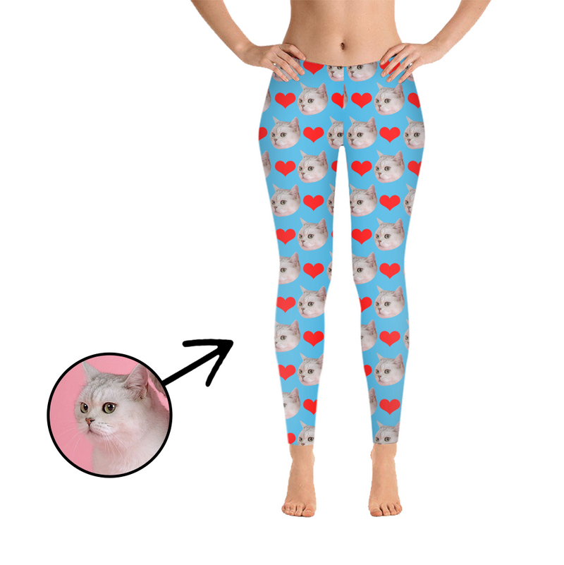 Custom Photo Leggings Heart I Love My Cat Light Pink