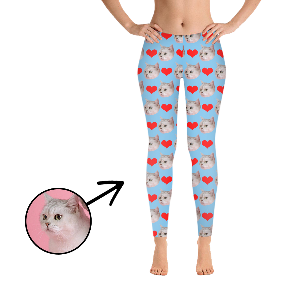 Custom Photo Leggings Heart I Love My Cat Light Pink