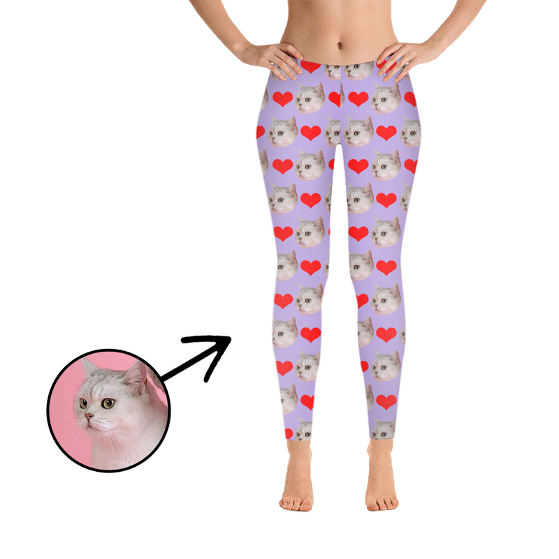 Custom Photo Leggings Heart I Love My Cat Grey