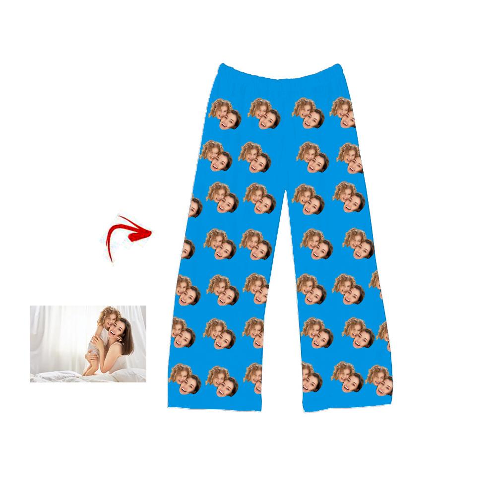 Custom Photo Pajamas Pants I Love My Mom Blue