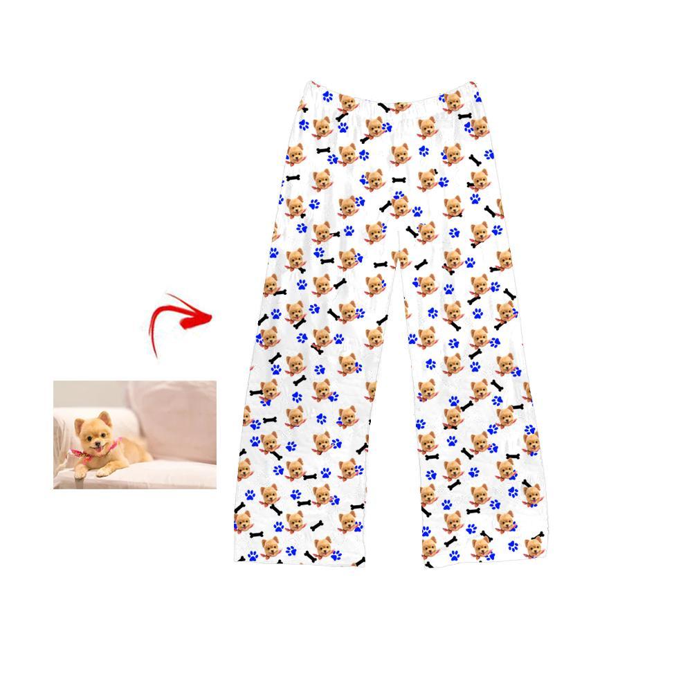 Custom Photo Pajamas Pants Dog Blue Footprint