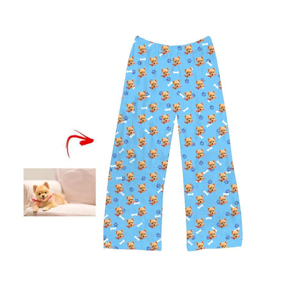 Custom Photo Pajamas Pants Dog Footprint Blue