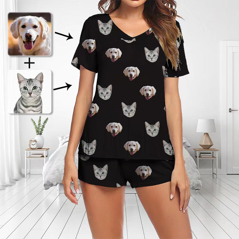 Custom Photo Pajamas Set Short Sleeve V-neck Pajama Women's Shorts Pajama Set Sleepwear Nightwear Heart My Loved's One Face